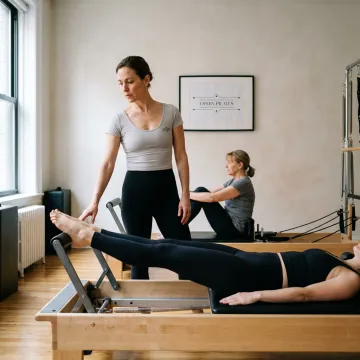 Instructor guiding two clients on Pilates Reformers