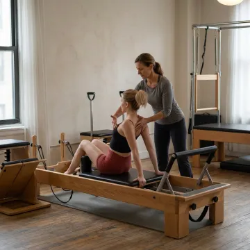 Instructor guiding a beginner on a Pilates reformer