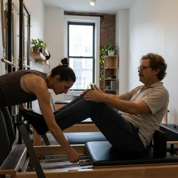 Instructor guiding a client on a Pilates reformer