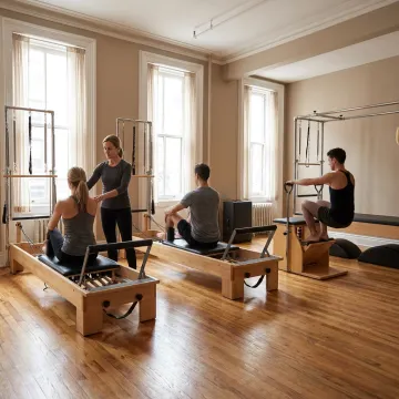Instructor guiding clients during reformer Pilates