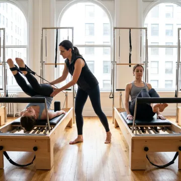 Two people taking a Pilates duet session on studio equipment