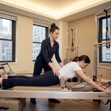 Private Pilates rehabilitation session in a boutique studio