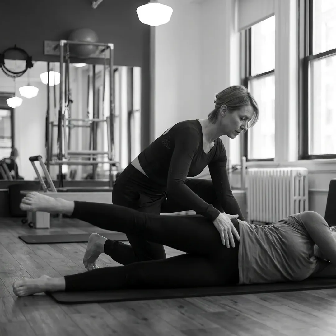 Instructor guiding a Pilates mat exercise