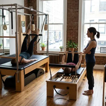 Couple practicing Reformer Pilates in a boutique studio
