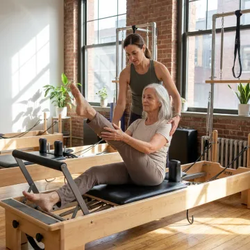 Senior beginner doing Pilates with instructor guidance
