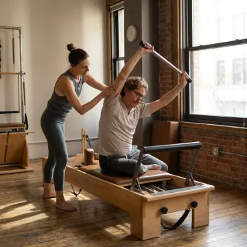Private Pilates instructor guiding a client on reformer equipment