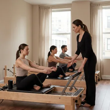 Small group reformer Pilates class in a boutique studio