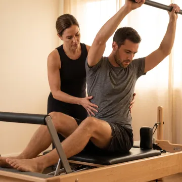 Instructor adjusting client alignment on a Pilates Reformer