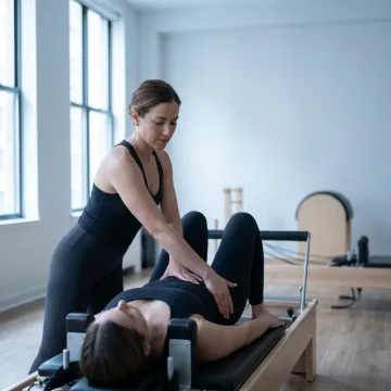 Classical Pilates instructor adjusting Reformer alignment