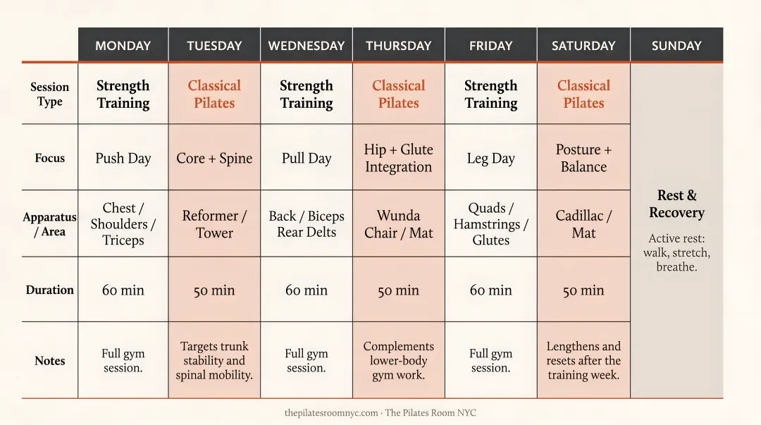 Weekly Pilates training schedule for men integrated with existing gym routine