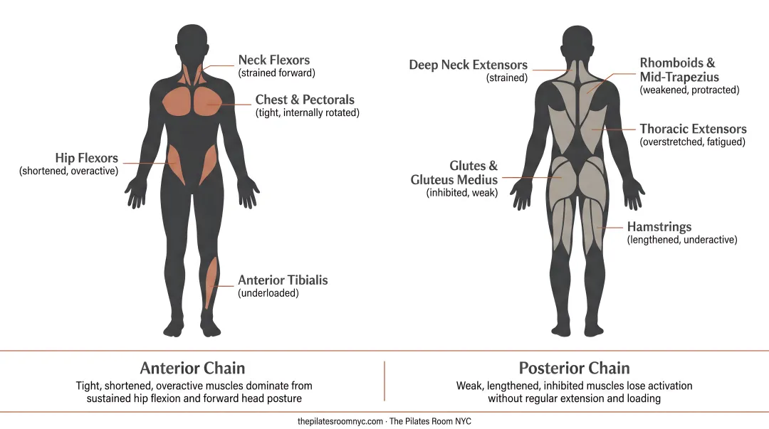 Anterior versus posterior chain muscle imbalance from prolonged desk sitting infographic