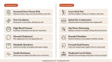 Sedentary sitting health risks infographic showing cardiovascular and musculoskeletal consequences