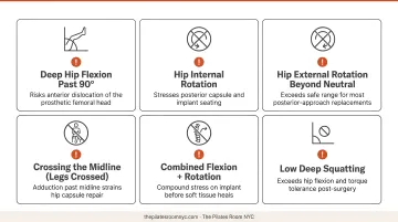 contraindicated Pilates exercises after hip replacement deep flexion rotation movements