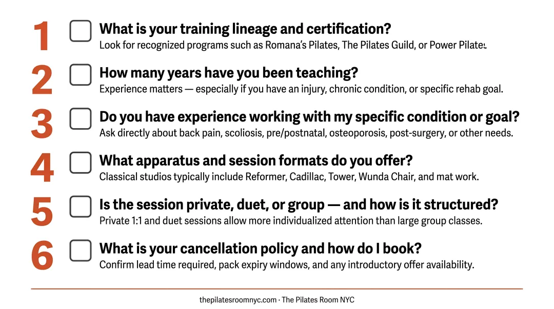 Six questions to ask a Pilates instructor before booking a session checklist