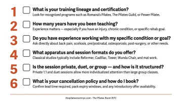 Six questions to ask a Pilates instructor before booking a session checklist