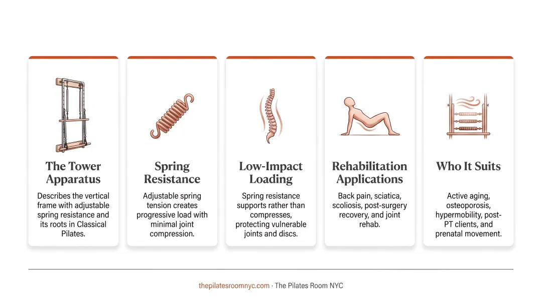 Pilates Tower apparatus spring resistance exercise low-impact rehabilitation session