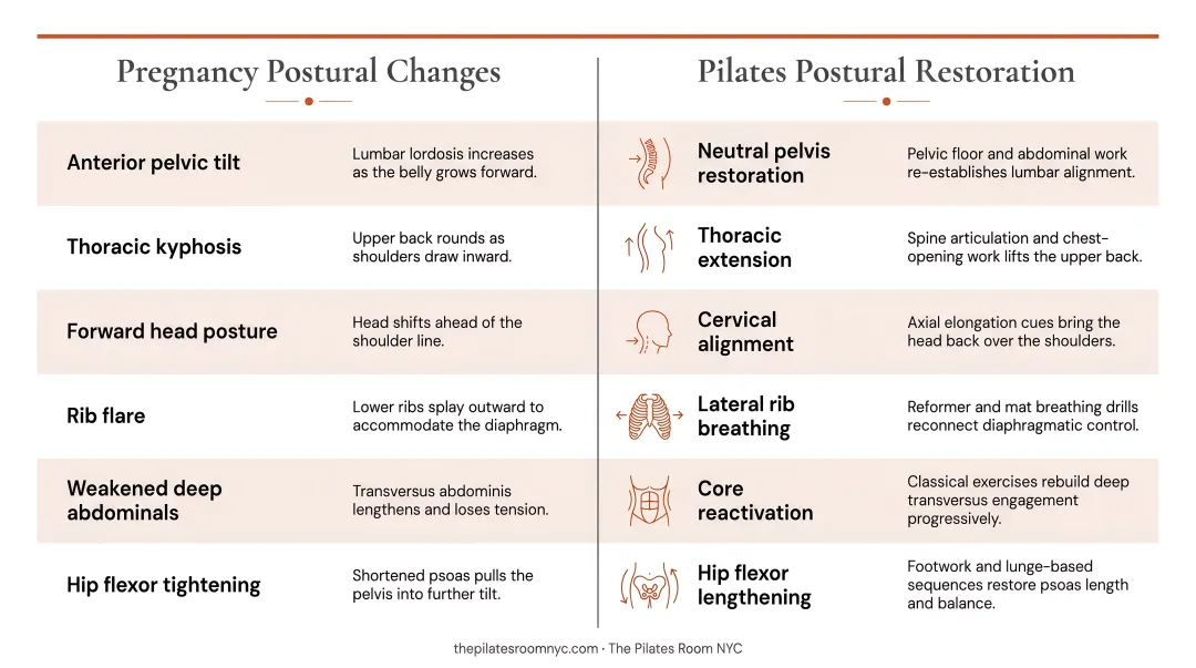 Pregnancy postural changes and Pilates postural restoration benefits side-by-side comparison