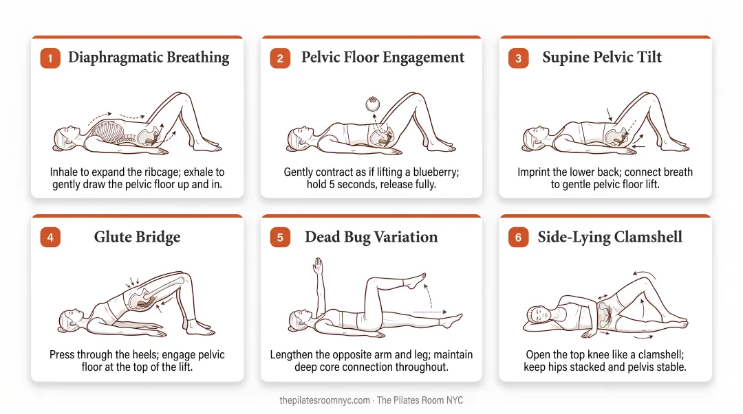 6 foundational pelvic floor Pilates exercises illustrated step-by-step guide
