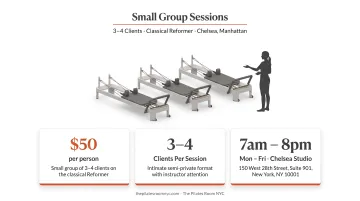 Pilates Room NYC small group session with instructor guiding students on reformers
