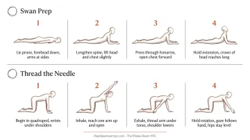 Swan prep swimming and thread the needle Pilates exercises illustrated step-by-step