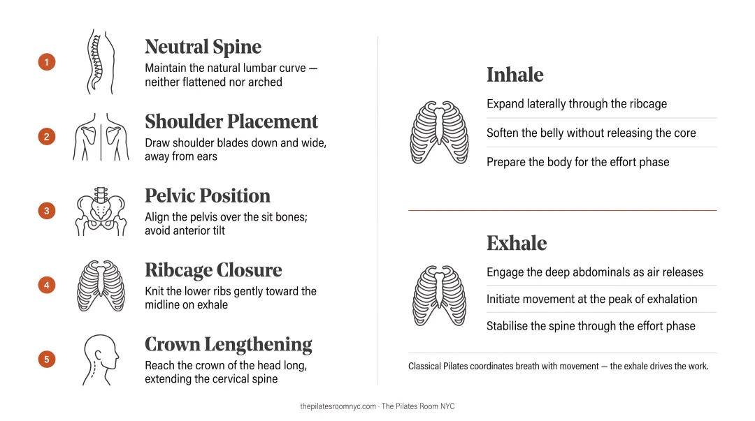 Pilates instructor cueing client alignment and breath coordination during private session