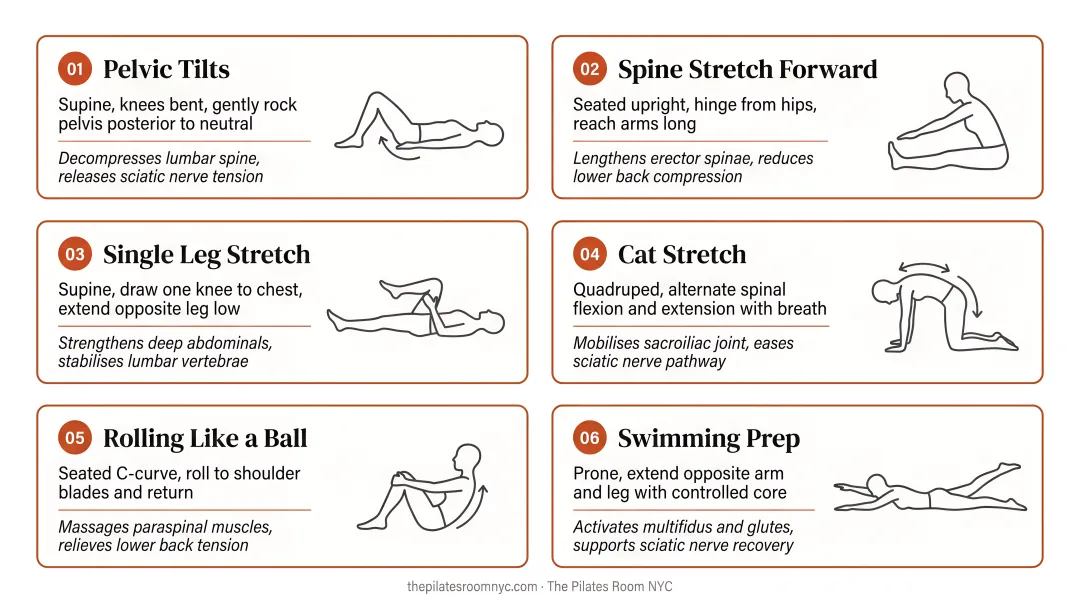 Six best Pilates exercises for sciatica and lower back pain quick reference chart