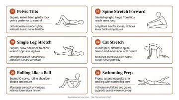 Six best Pilates exercises for sciatica and lower back pain quick reference chart