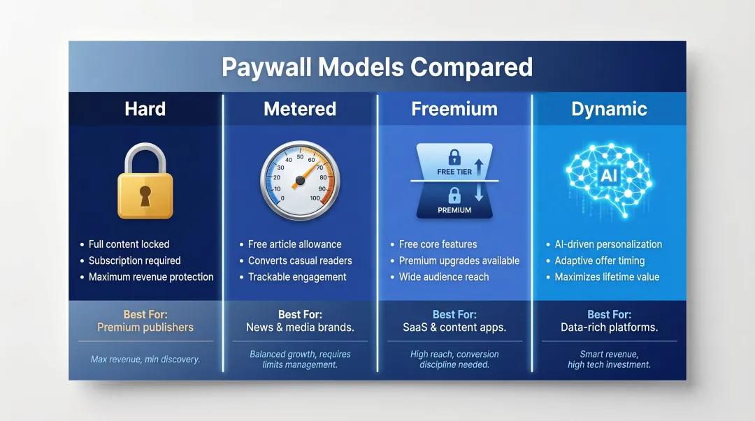Four paywall models comparison hard metered freemium and dynamic side-by-side
