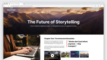 Shorthand digital storytelling platform showing immersive scrollytelling long-form article layout