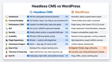 Headless CMS versus WordPress 11-dimension side-by-side comparison infographic