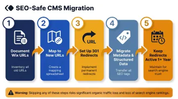 5-step SEO preservation process for CMS migration with 301 redirects
