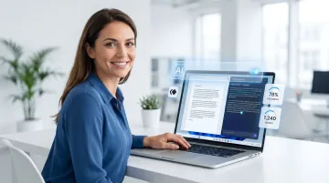 Professional content writer using AI writing assistant on laptop in modern office