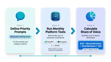 3-step AI platform visibility tracking process for GEO share of voice measurement