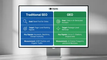 Traditional SEO versus Generative Engine Optimisation side-by-side comparison infographic