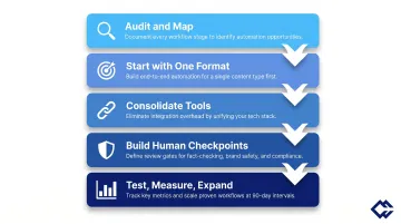 5-step AI content operations workflow from audit to systematic expansion infographic