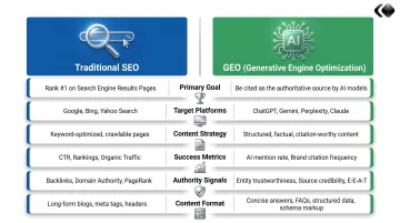 GEO versus traditional SEO six-dimension side-by-side comparison infographic