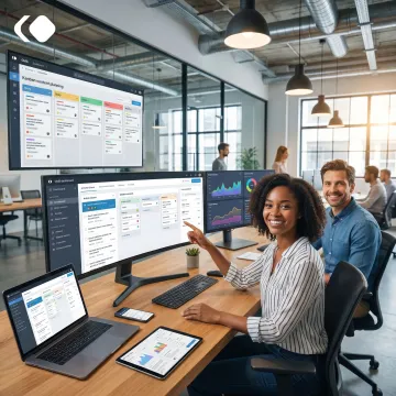 Digital newsroom team using publishing software dashboard