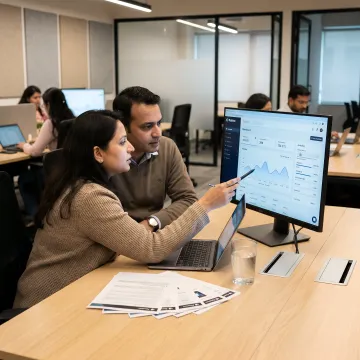 Financial content team using enterprise publishing software