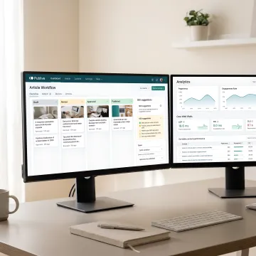 Publishing platform dashboard with workflow and analytics