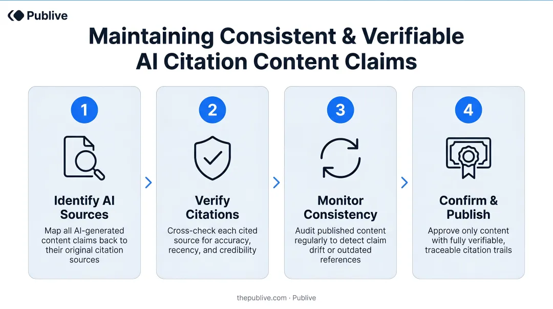 Four-step process for maintaining consistent verifiable AI citation content claims