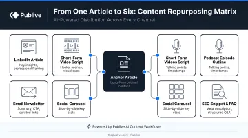 One anchor article mapped to six platform-specific content derivatives channel matrix