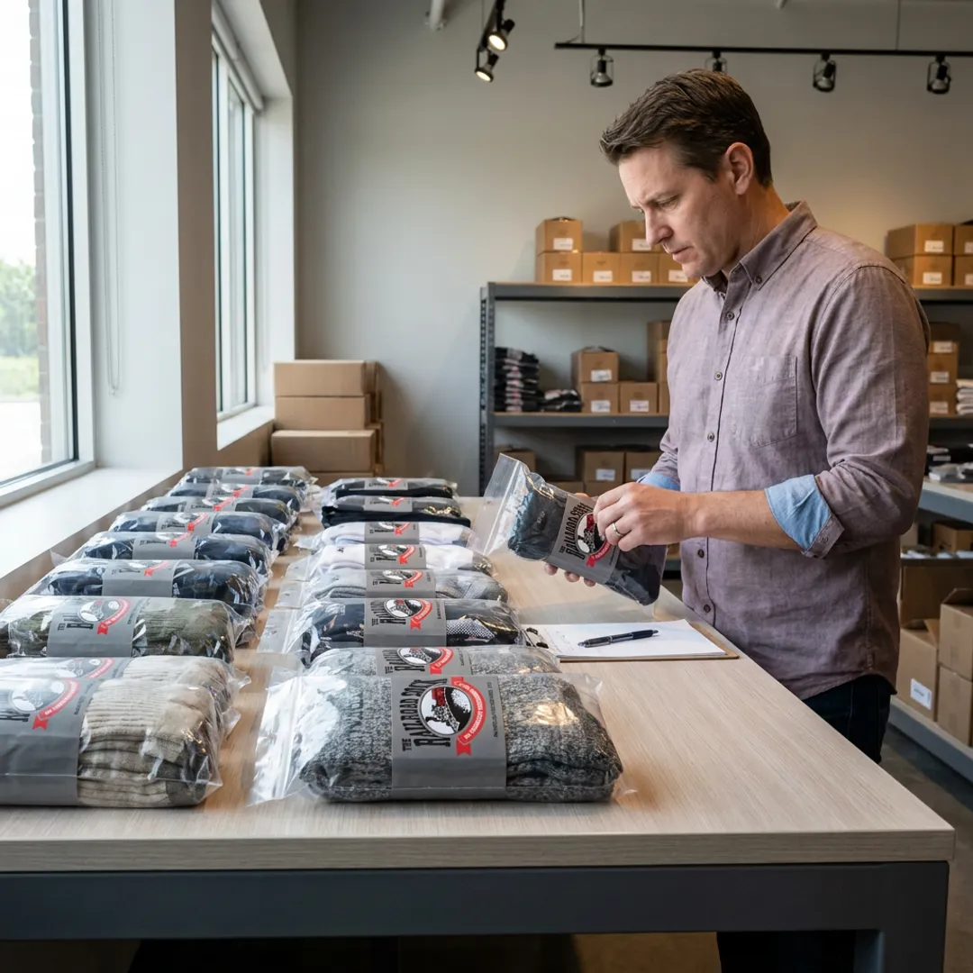 Retailer selecting bulk sock packs from a varied assortment