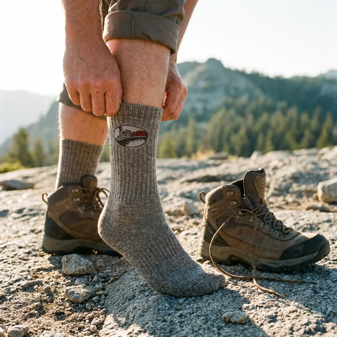 Hiker wearing merino wool socks on trail