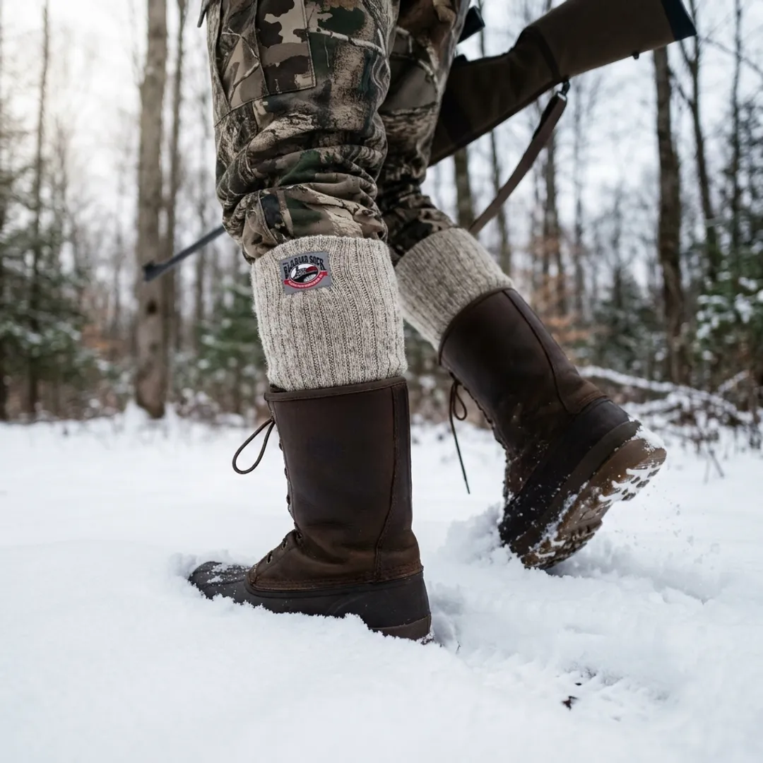 Hunter wearing merino wool boot socks in snowy forest