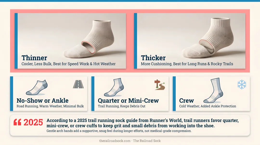 Running sock cuff height guide matching no-show quarter and crew socks to terrain
