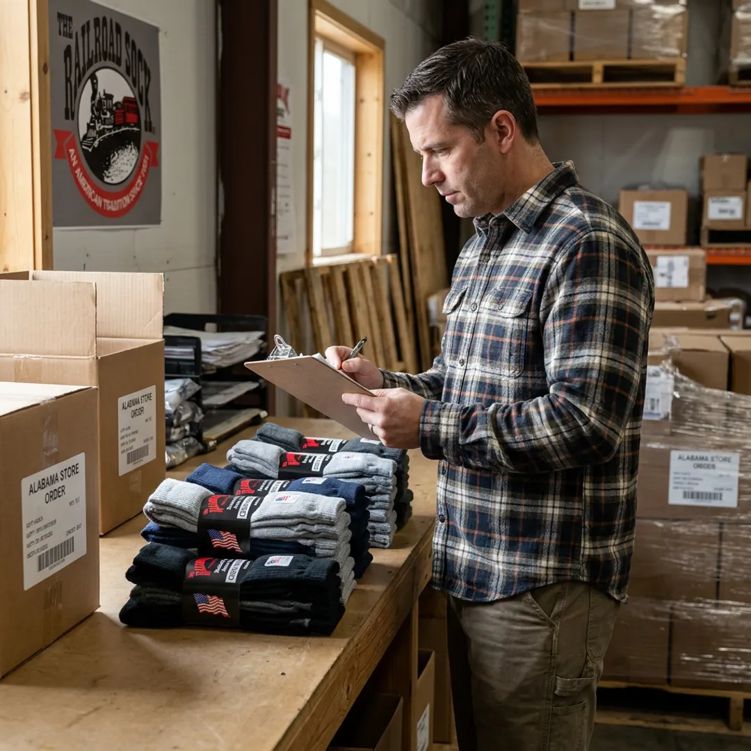 Retailer reviewing wholesale sock packs