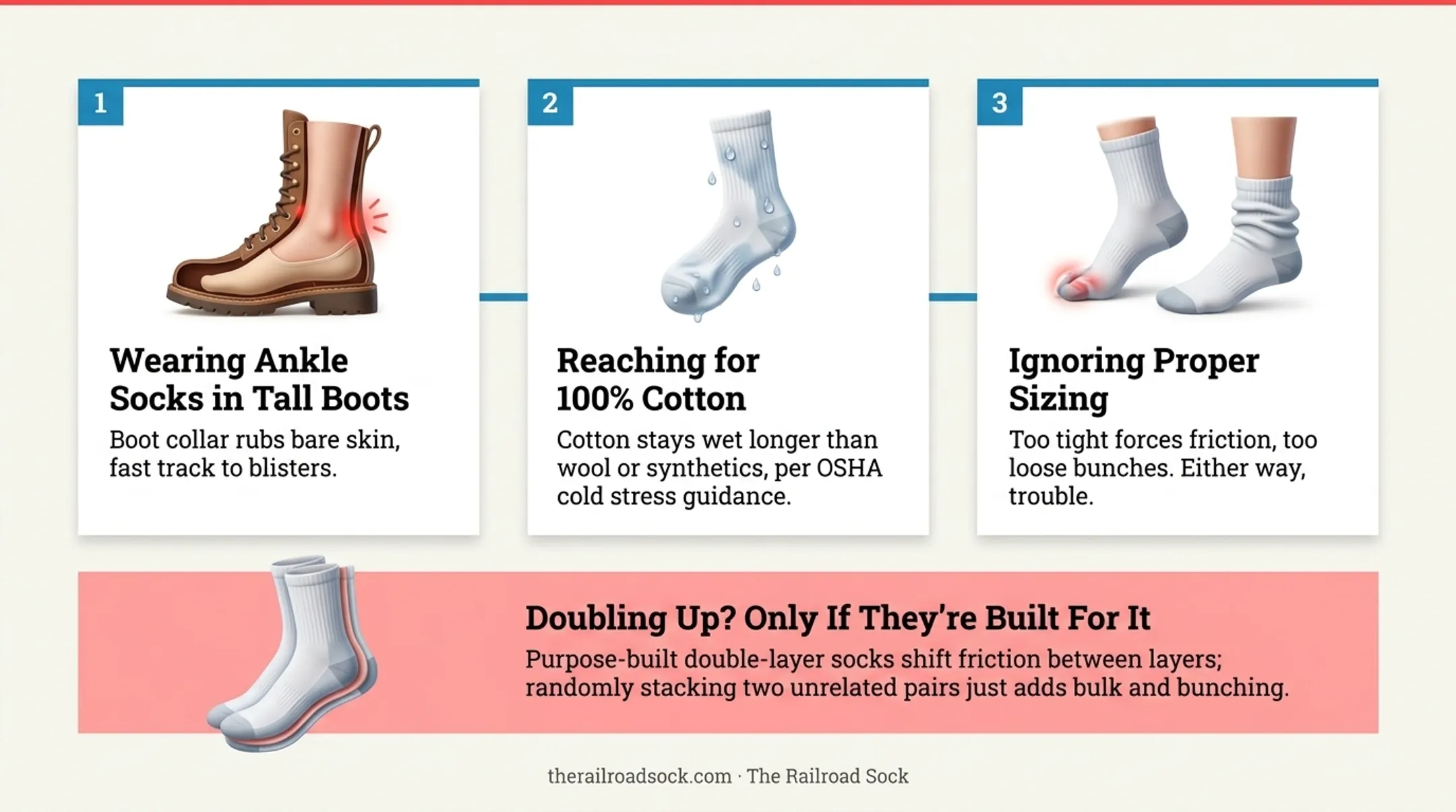 Three common work boot sock mistakes infographic with warning icons
