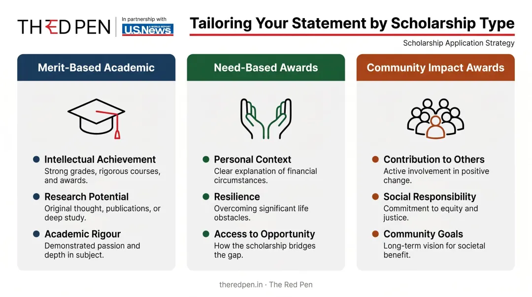 Three scholarship types merit need community tailoring comparison infographic