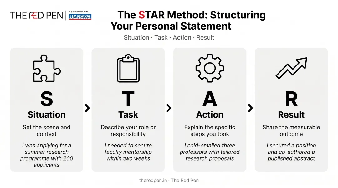 STAR method four-step framework for NUS personal statement writing infographic