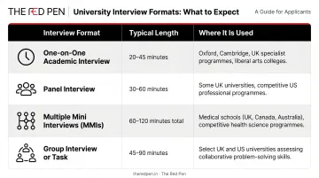 Four university interview formats comparison chart with length and usage details